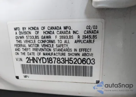 2003 Acura Mdx из США, поврежденный, VIN 2HNYD18783H520603